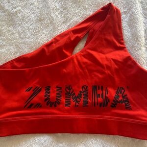 Zumba Red One Shoulder Sports Bra / Crop Top Black Logo Athletic Workout